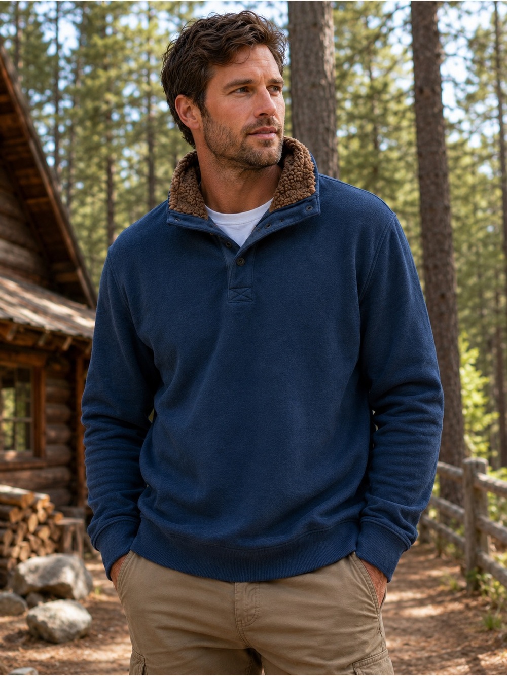 NWT Bass Blue Pullover with Brown Sherpa Neckline Size XL